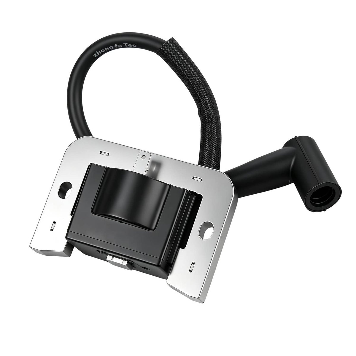 Ignition module with black coil, spark plug wire, and metal mounting bracket