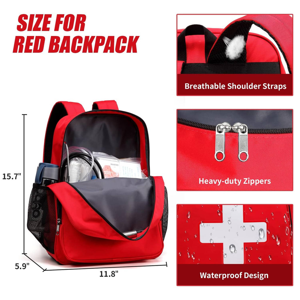 Red first aid backpack with open top, clear zipper front, and padded shoulder straps