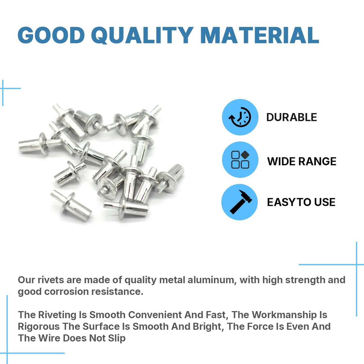 Aluminum hammer drive rivets with round heads, pile of metal fasteners for joining