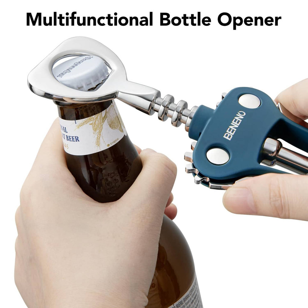 Blue and chrome corkscrew wine bottle opener inserting the screw into a cork.