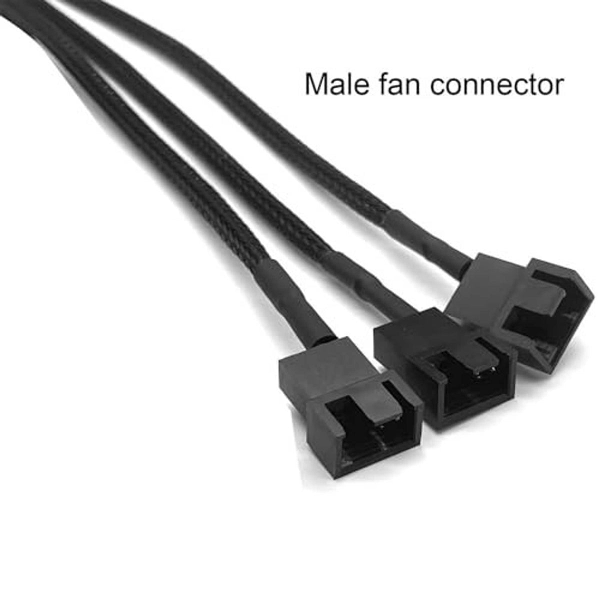 Triple fan splitter cable with male 4-pin PWM and 3-pin connectors, black braided leads