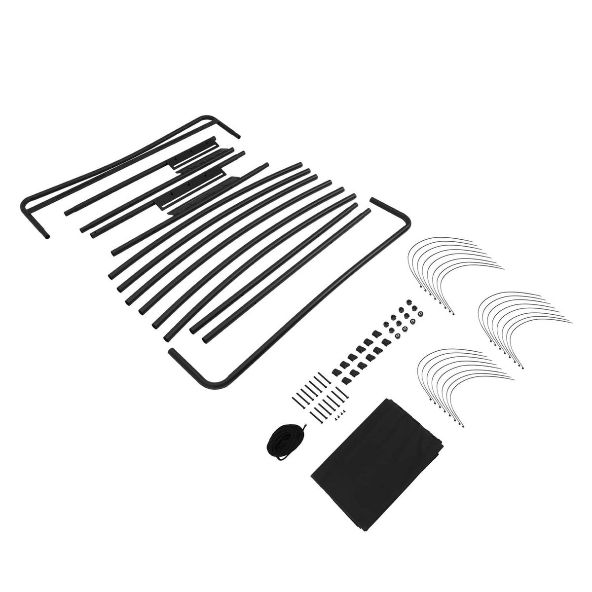 Golf cart sun top parts kit: black fabric cover, curved ribs, and small hardware