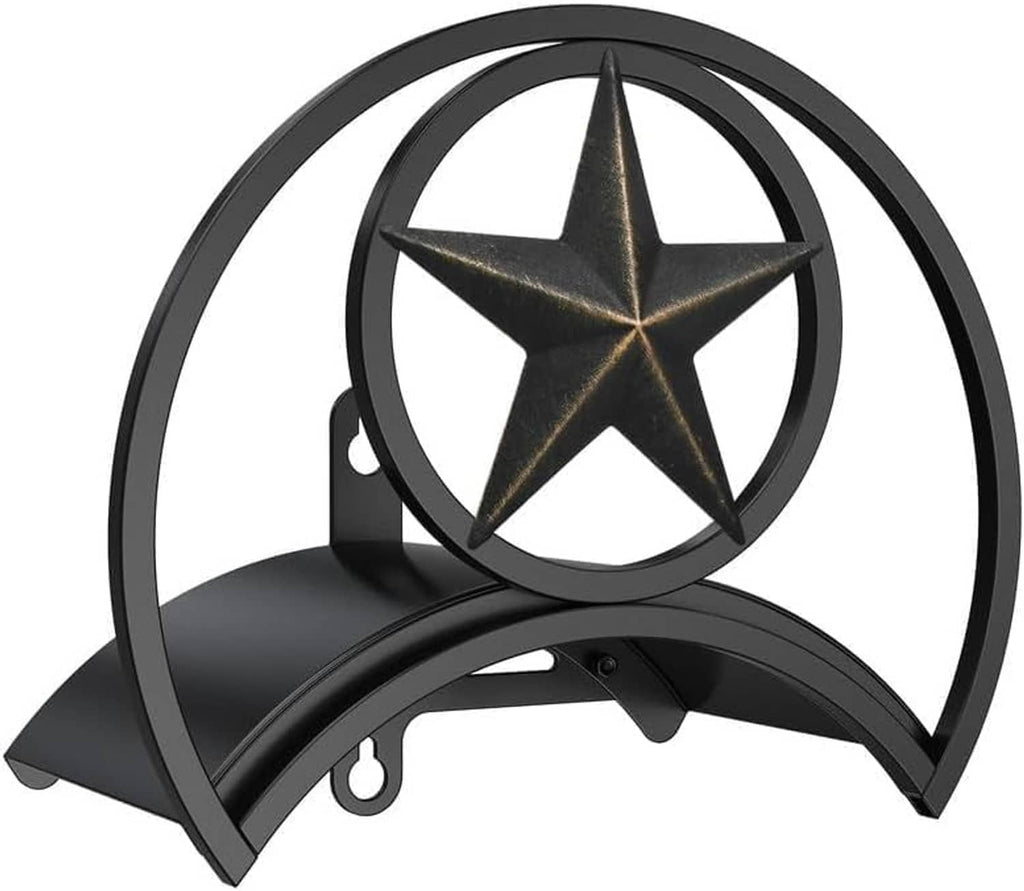 Black decorative hose wall holder with star centerpiece, circular ring frame, and mounting hooks