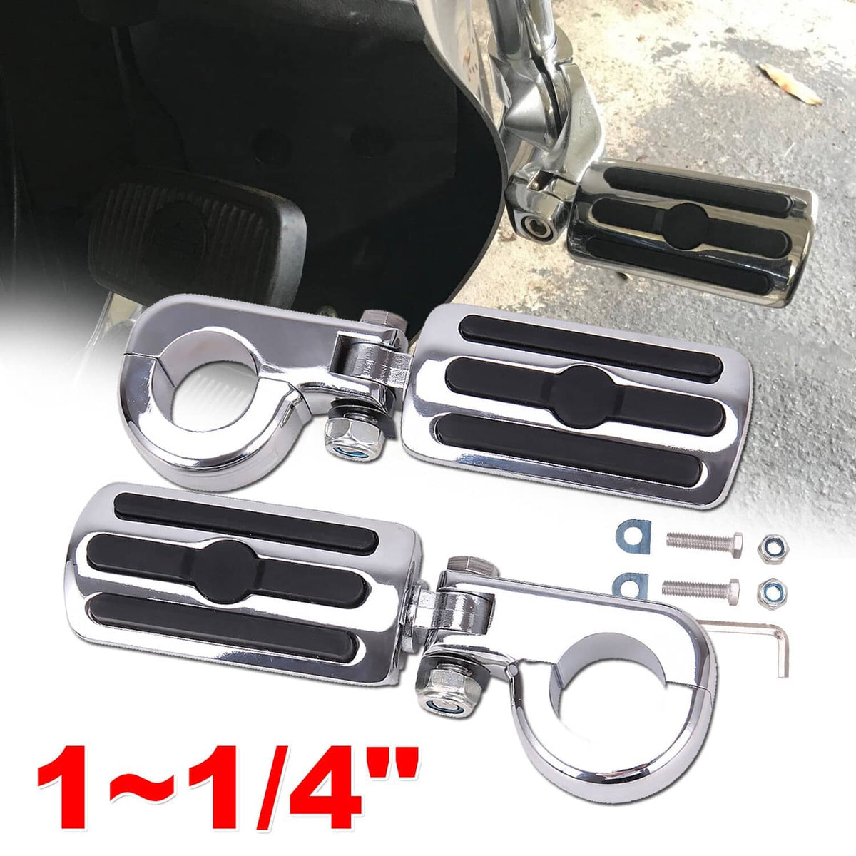 Set of chrome crash bar footpegs with black rubber inserts, includes bolts and small parts
