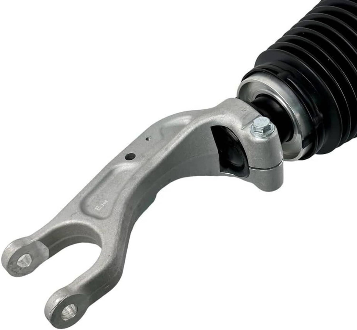 Front air suspension shock strut with silver fork bracket and black bellow at upper joint.