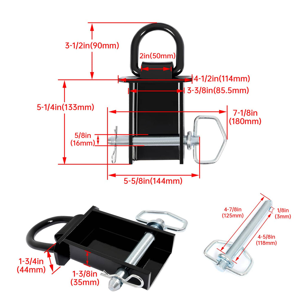 Black stake pocket D-ring tie down with silver mounting pin, shown with dimensions