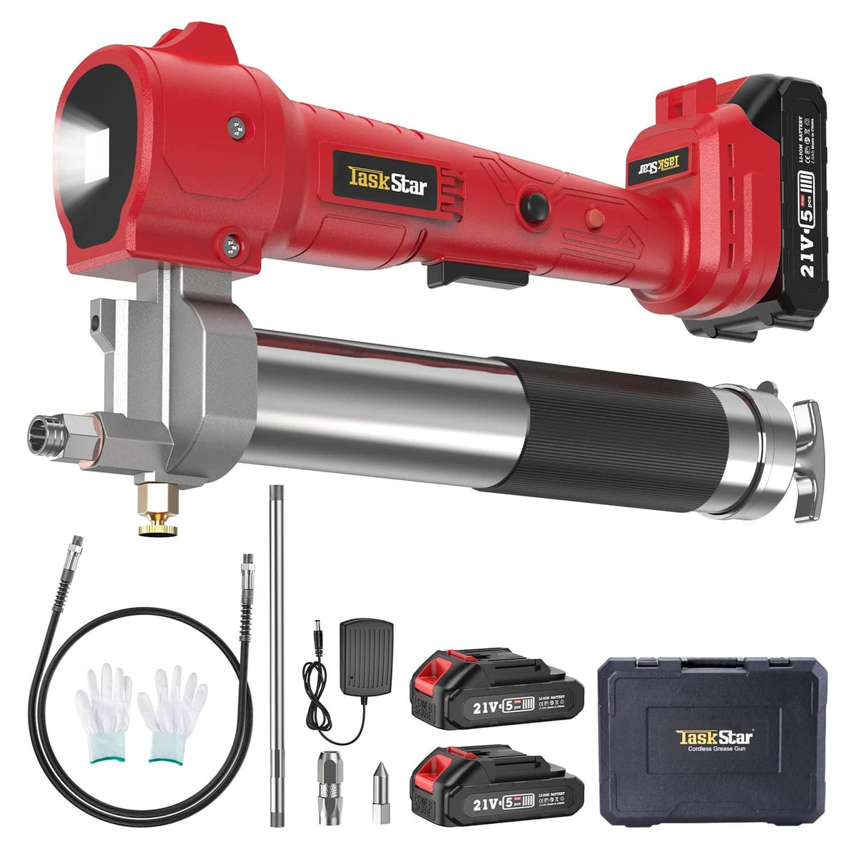 Red cordless electric grease gun with metal coupler and long barrel