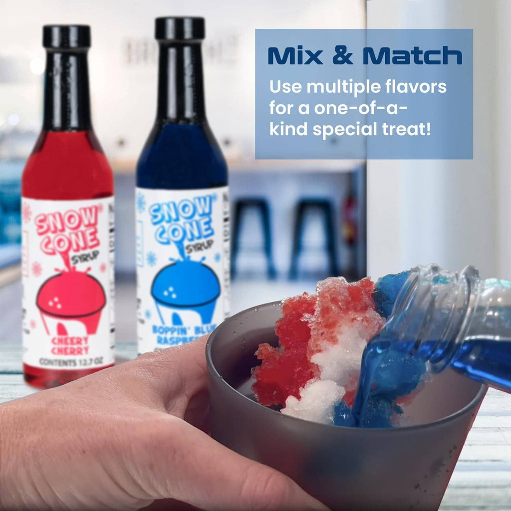 Sno Cone syrup bottles with ice dessert in a cup, ready to serve