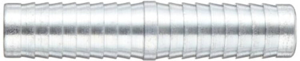 Ribbed zinc-plated steel hose mender fitting, side view of barbed section