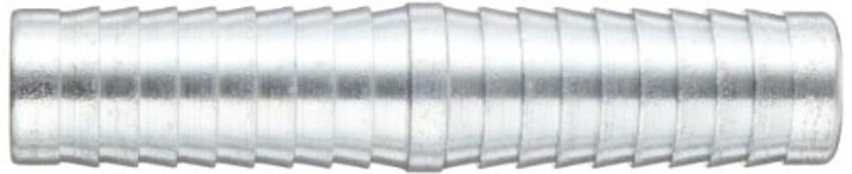 Ribbed zinc-plated steel hose mender fitting, side view of barbed section