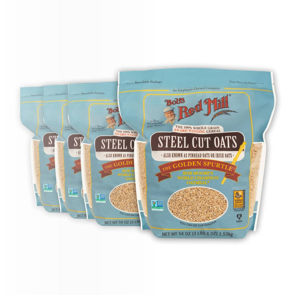 Bob's Red Mill steel cut oats pouches, turquoise packs with front labels and grain shown