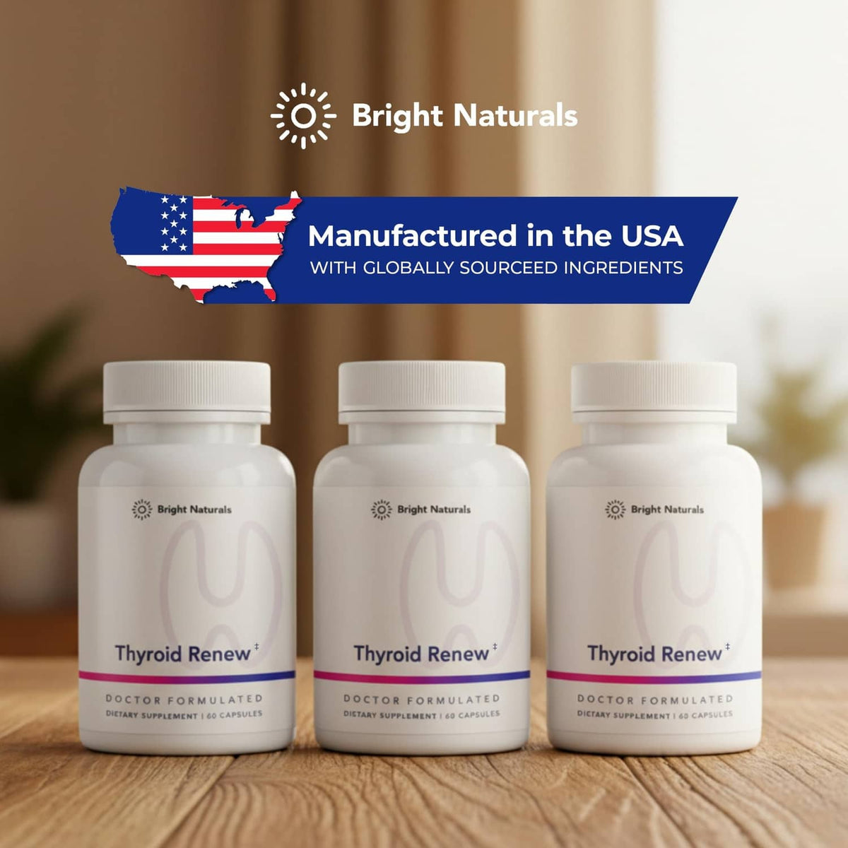 Three Thyroid Renew supplement bottles with white caps and blue-purple labels
