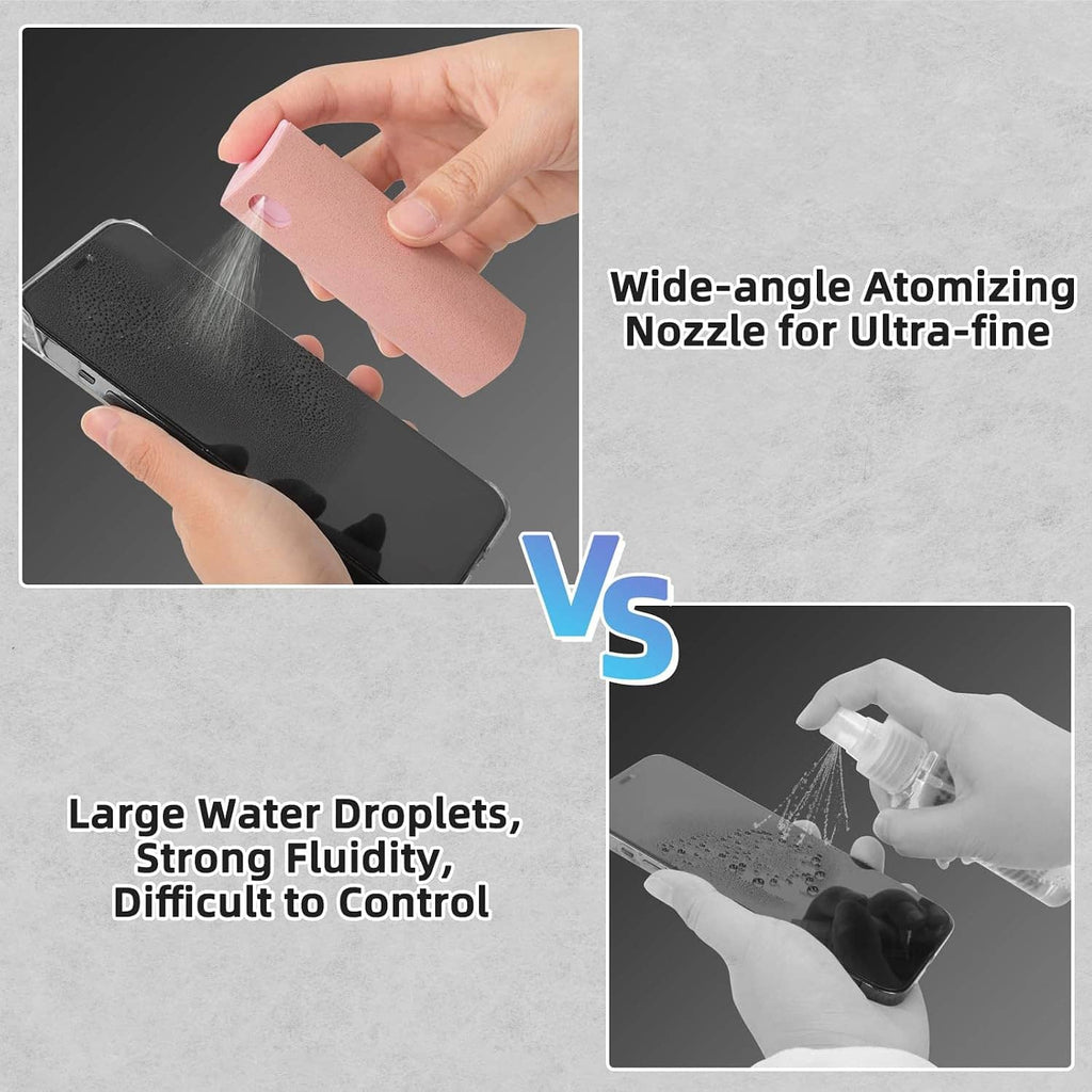 Pink screen cleaner spray bottle with nozzle producing fine mist on a phone