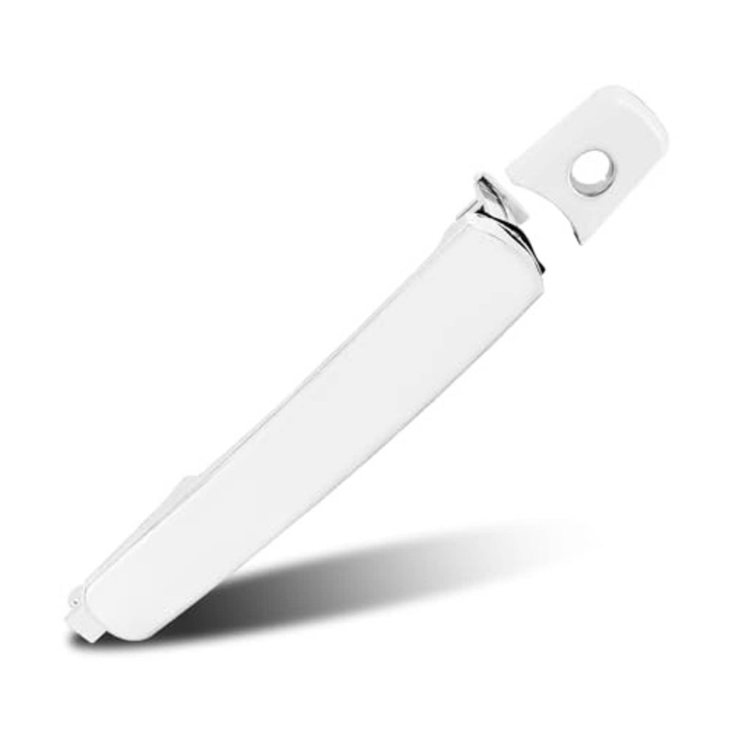 Chrome exterior door handle with keyhole, front driver left side, angled view