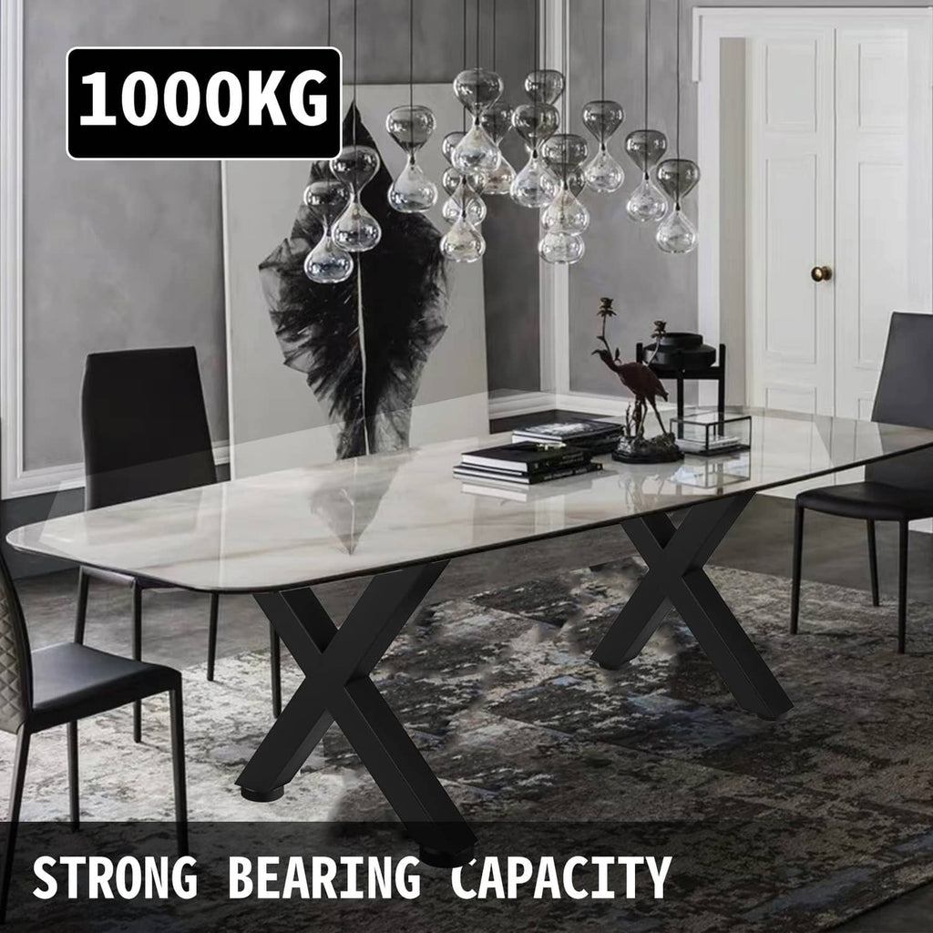 Black X-frame metal dining table base with cross legs and thick supports