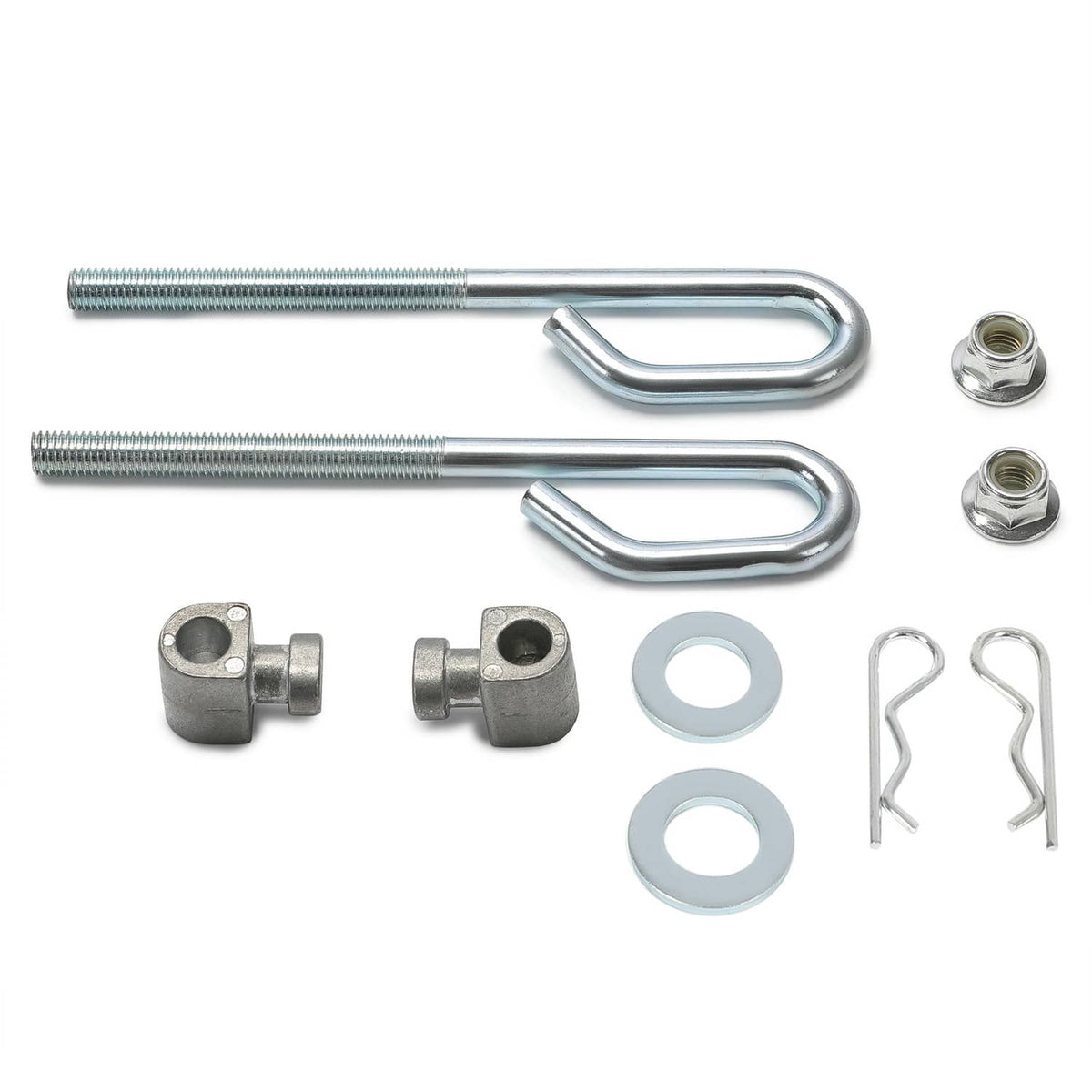 Deck lift bolt hardware set with two threaded U-bolts, washers, nuts, cotter pins, and clamps