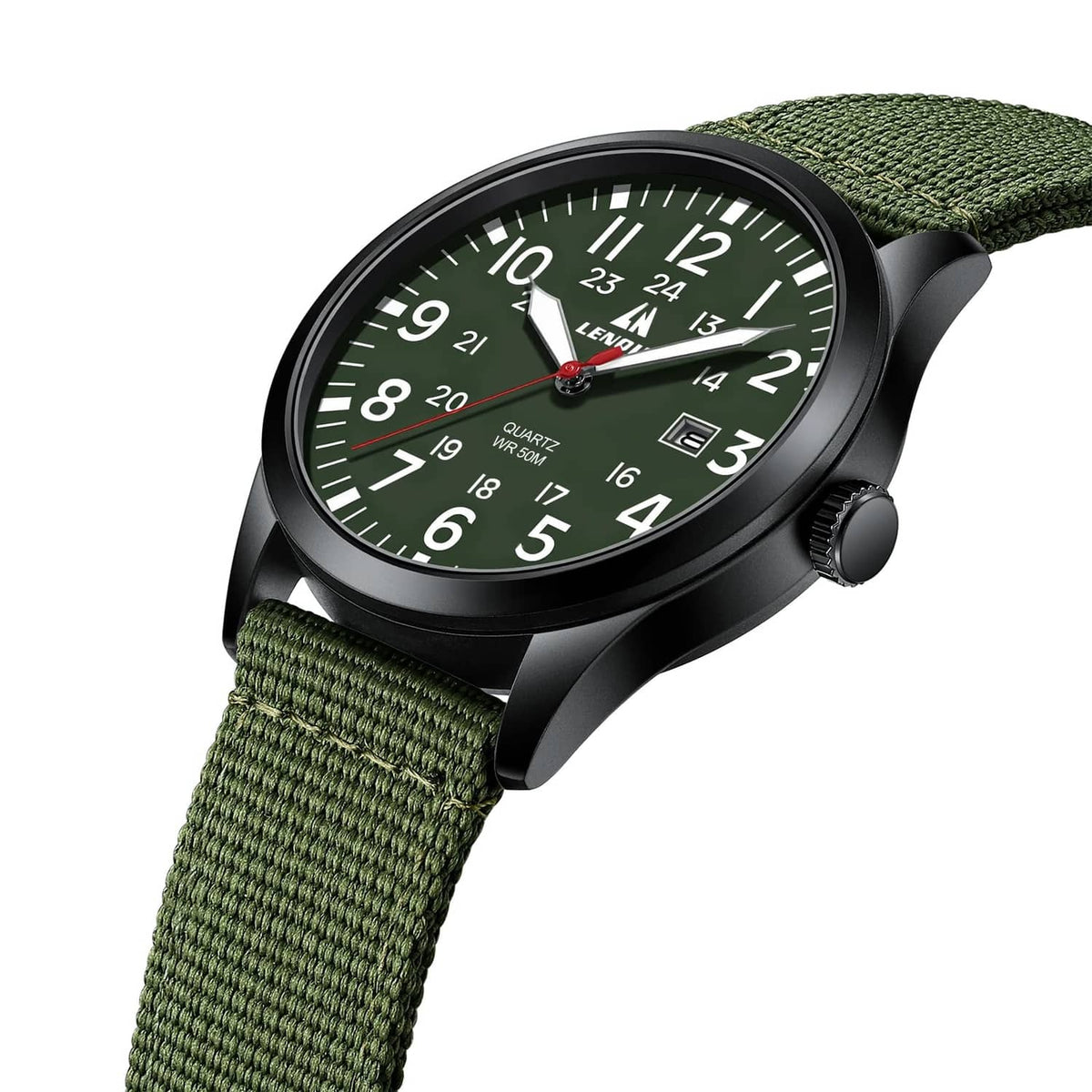 Men's military sport analog watch with green dial, black bezel, green fabric strap, red seconds