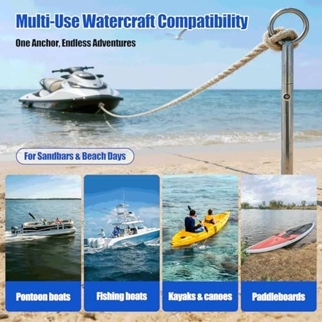 Stainless sand anchor with rope, standing post, and eye ring for beach boats