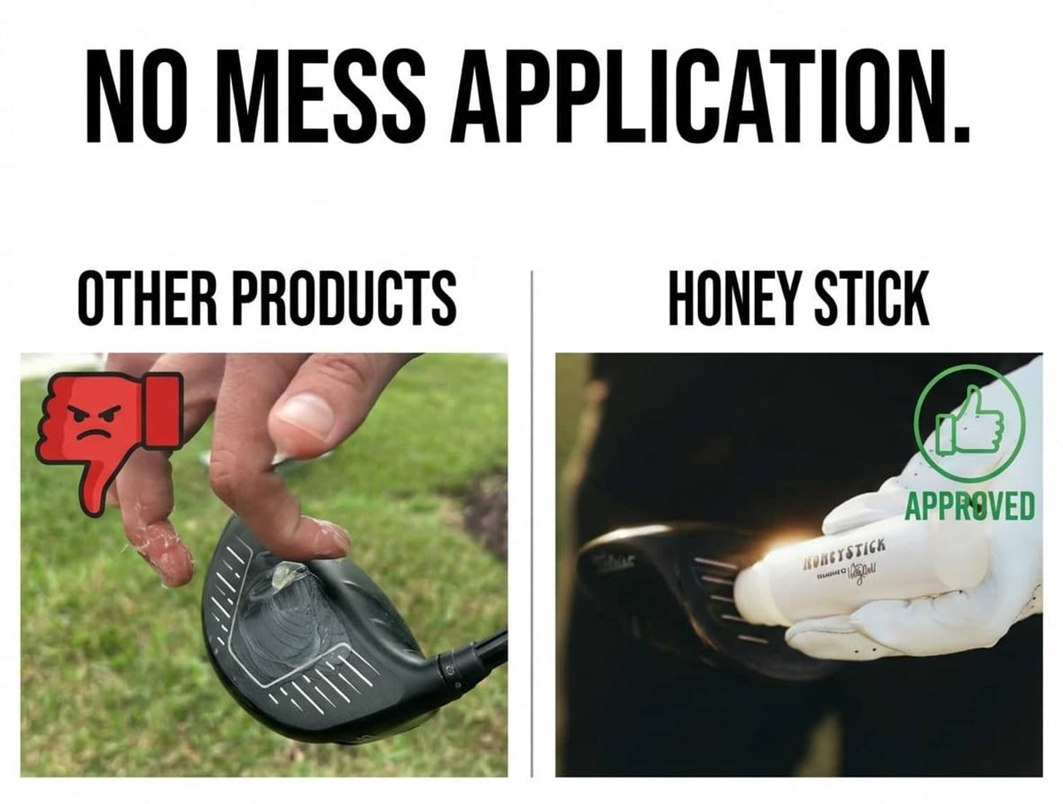 HoneyStick anti-slice gel tube in infographic, shown with a golf club application