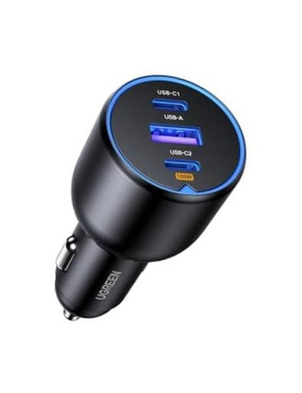 Black car USB-C fast charger with blue-lit ring and USB-C/USB-A ports