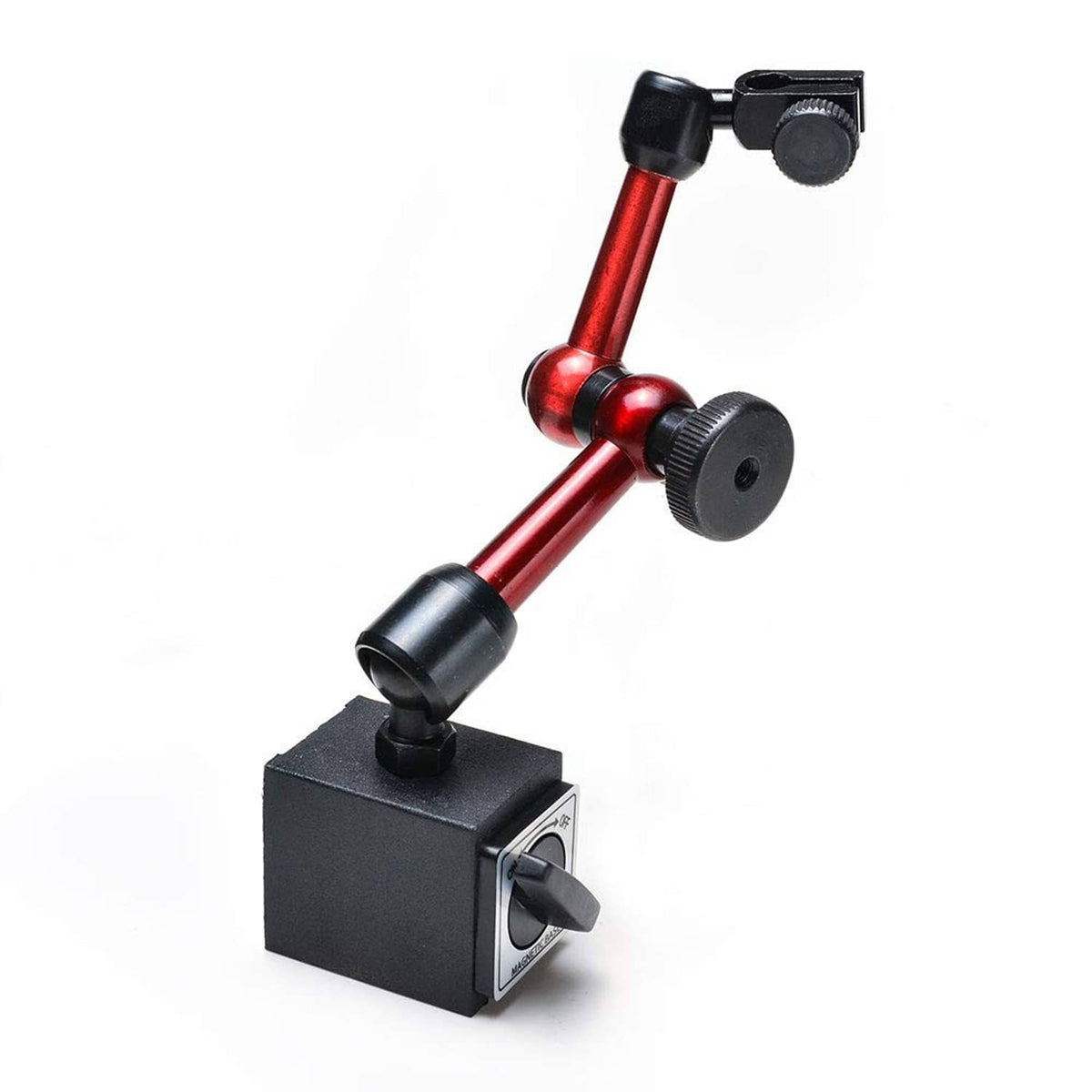 Red adjustable magnetic dial holder with black base cube and side mounting clamp