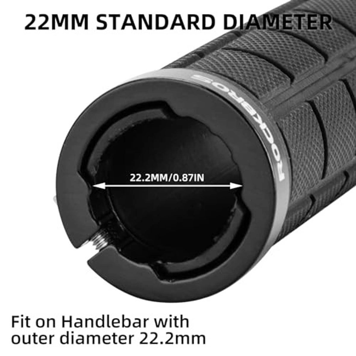 Black bike handlebar grips, 22mm fit, with inner clamp and threaded end collar