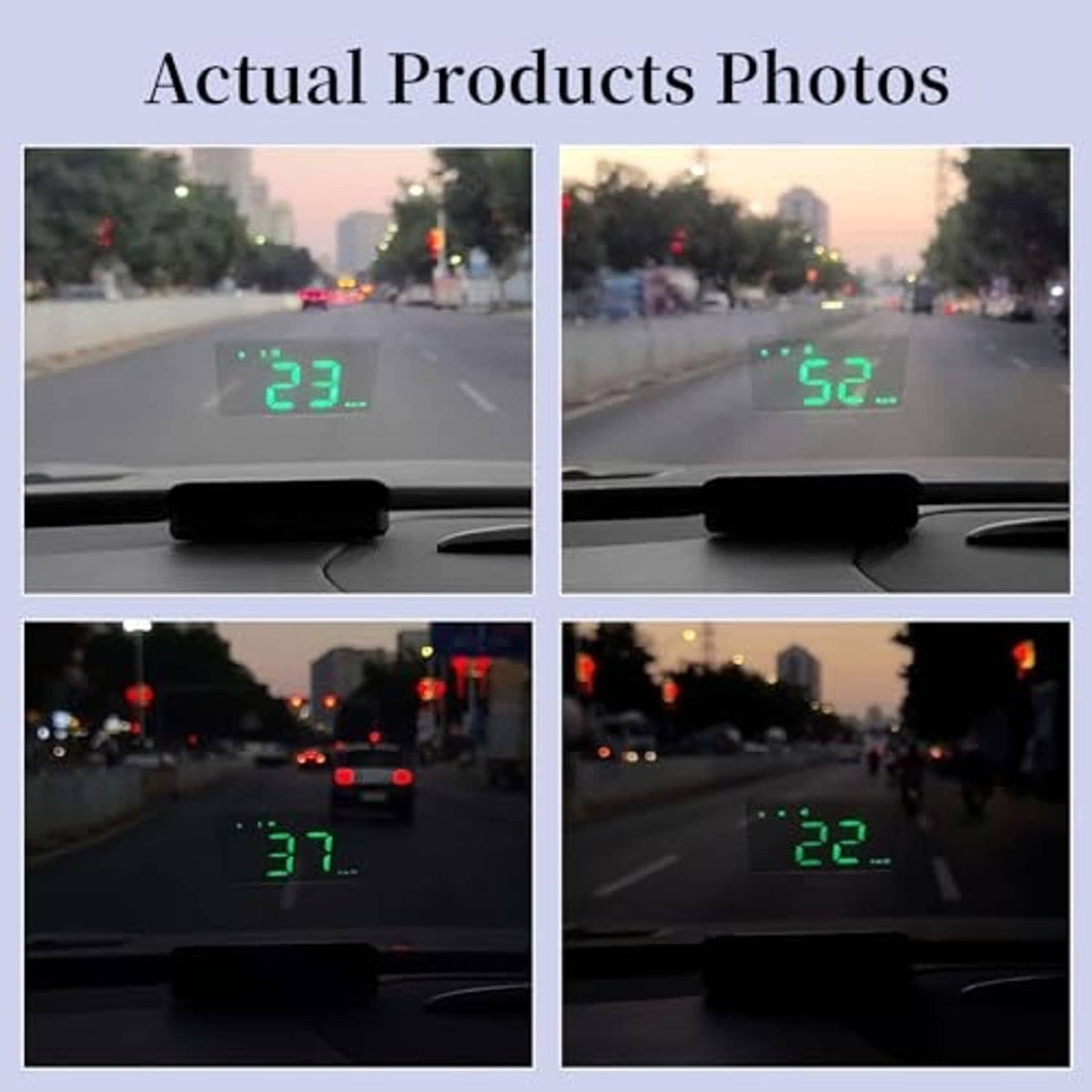 Multiple views of green speed digits projected on car windshield from the HUD
