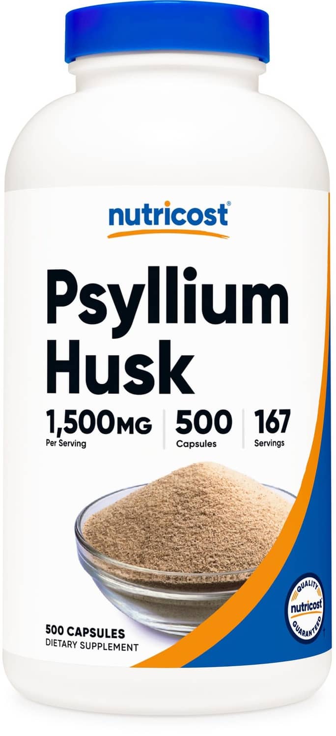 Psyllium husk supplement bottle with blue cap, 1,500mg capsules label, tan powder scoop
