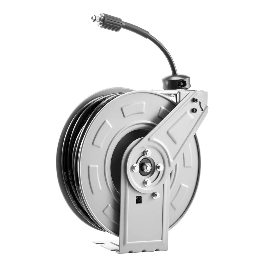 Retractable pressure washer hose reel with auto-rewind, 1/4 in hose, gray and black