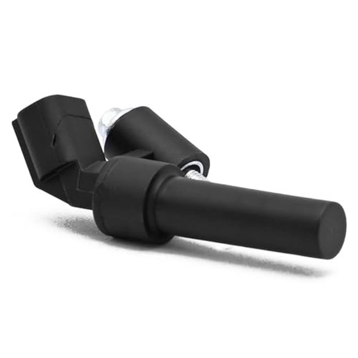 Black crankshaft position sensor with long cylindrical body and mounting plate
