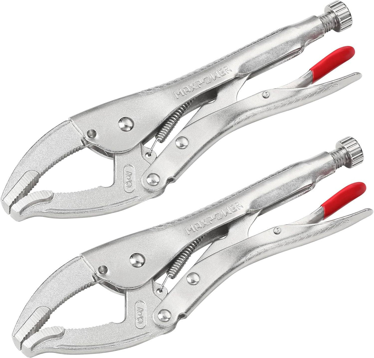 10-inch curved jaw locking pliers set with red release handles, adjustable opening