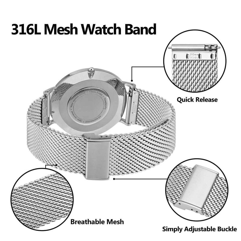 316L stainless steel mesh watch band with quick-release buckle and textured links
