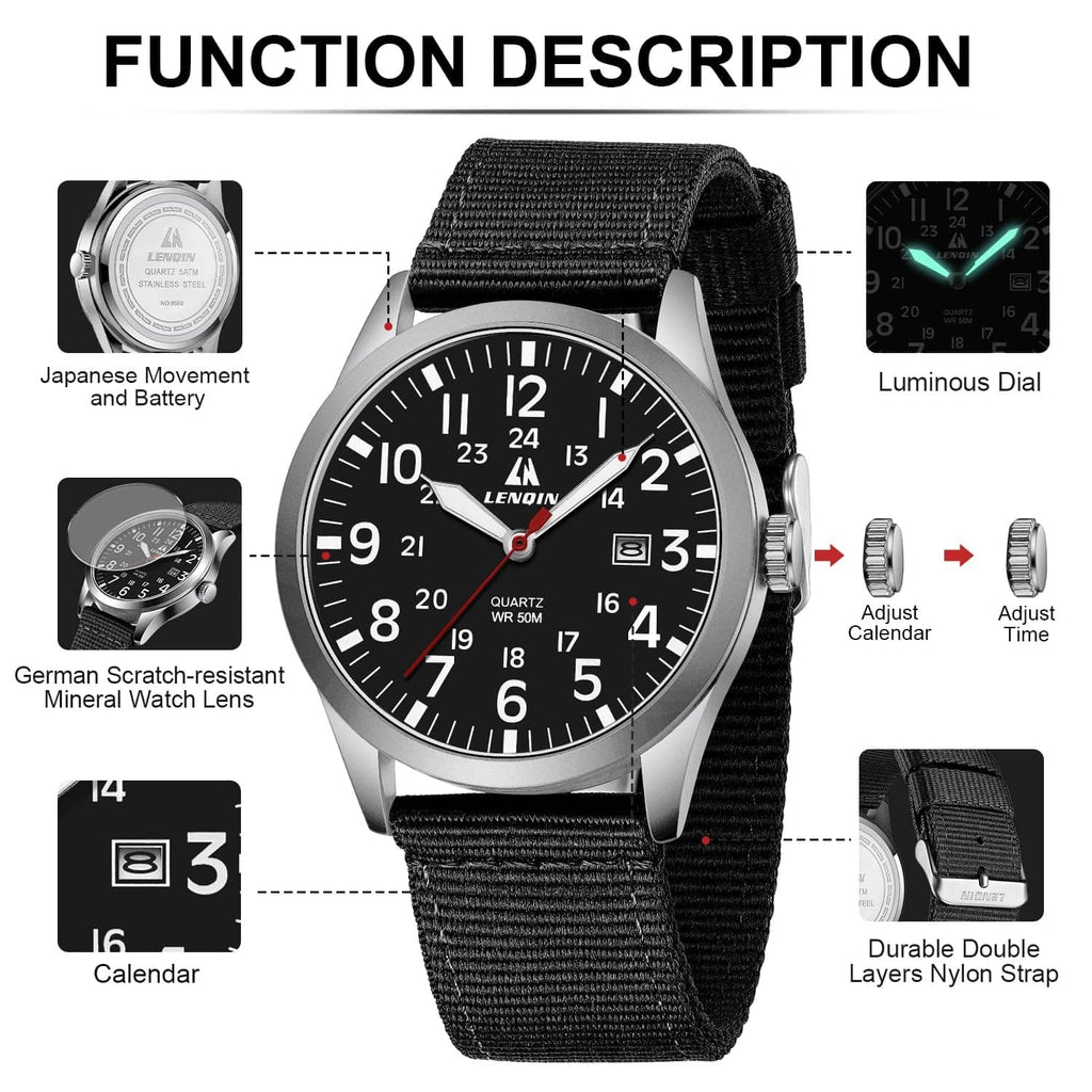 Silver-tone analog wristwatch with black dial and black nylon strap