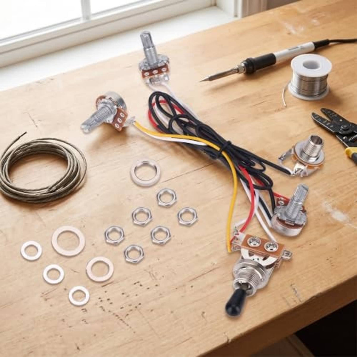 Electric guitar wiring harness kit with colored leads, three pots, 3-way switch and nuts