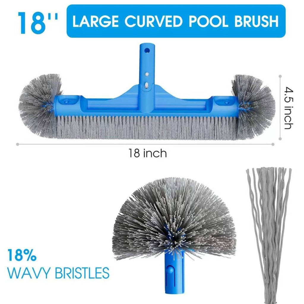 Curved pool brush with blue handle and dense grey bristles for scrubbing