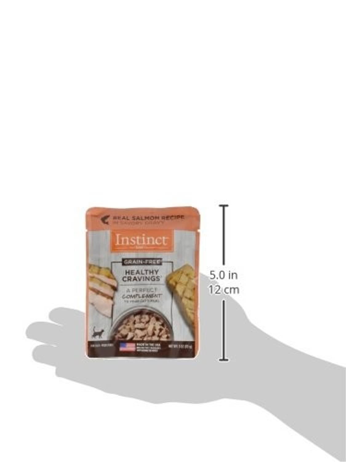 Grain-free salmon cat food topper pouch shown with 5.0 in height