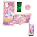 Pink glitter phone case for BLU View 5 Pro with unicorn graphic and rotating ring holder