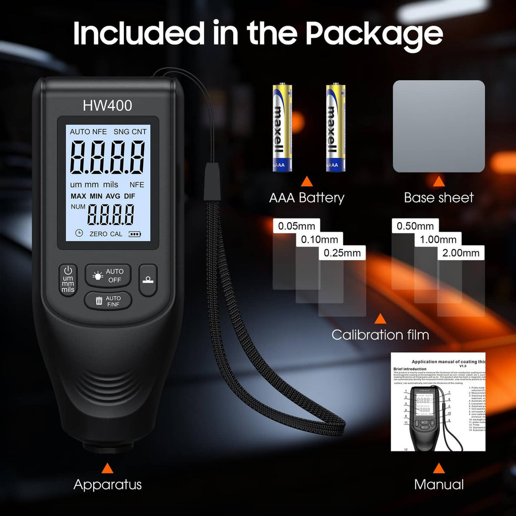 Digital coating thickness gauge kit contents with calibration film, batteries, and manual.
