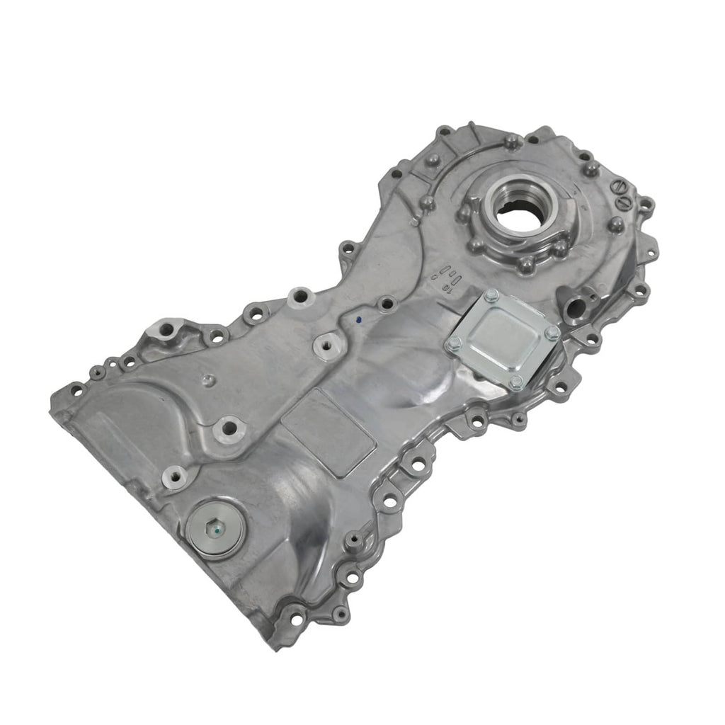 Oil pump housing assembly with circular inlet and long cast body, bolt holes visible