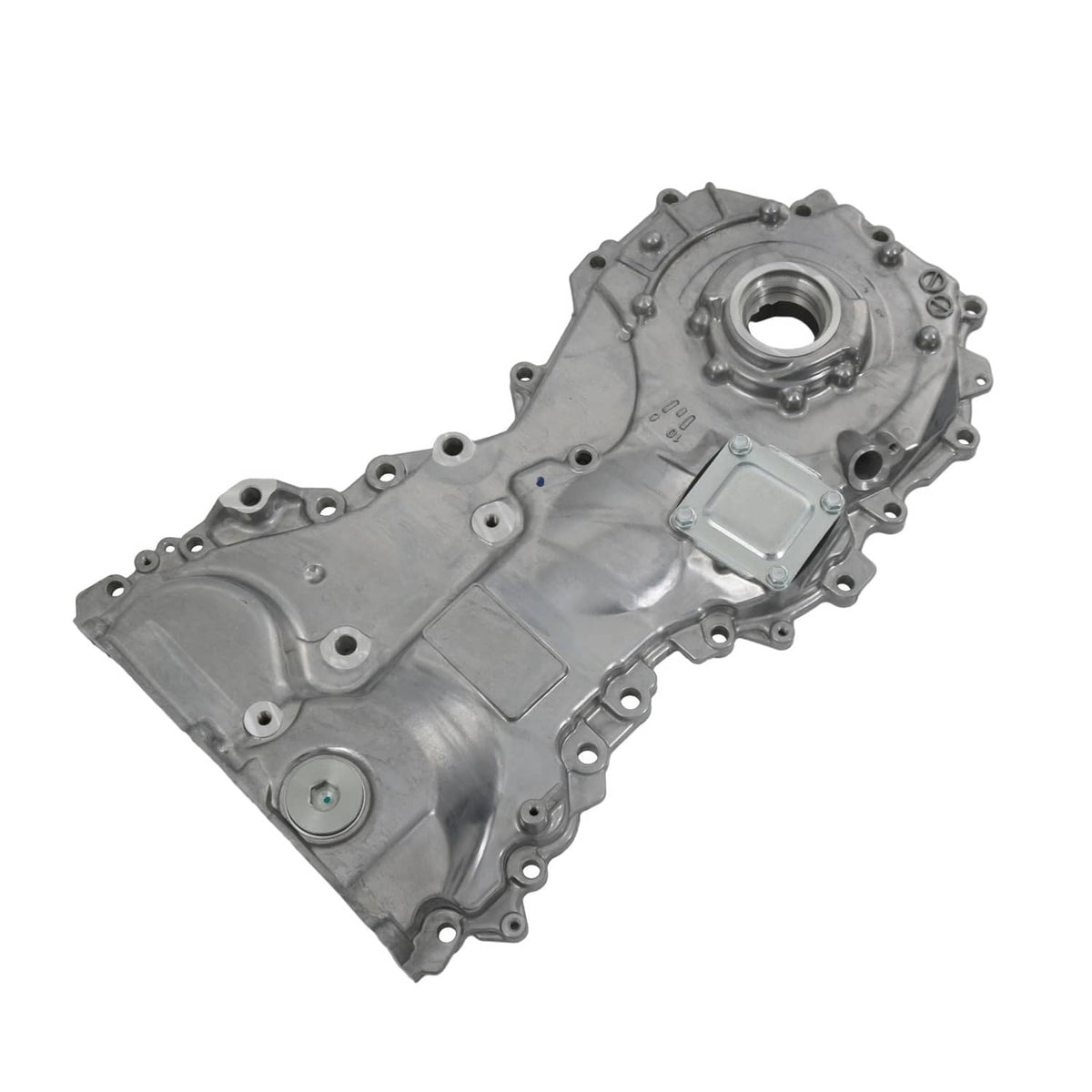 Oil pump housing assembly with circular inlet and long cast body, bolt holes visible