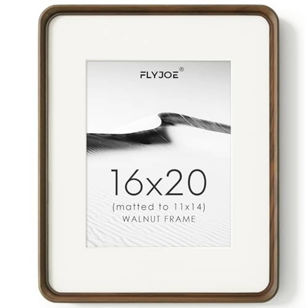 FLYJOE walnut picture frame with white mat, sized for 16x20 and matted to 11x14