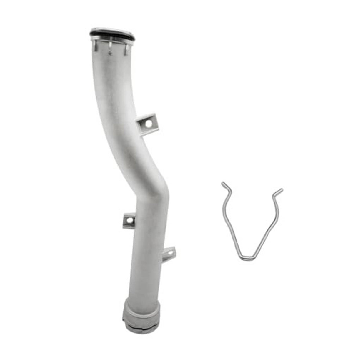 Aluminum coolant pipe with multiple mounting brackets and included retaining clip, silver
