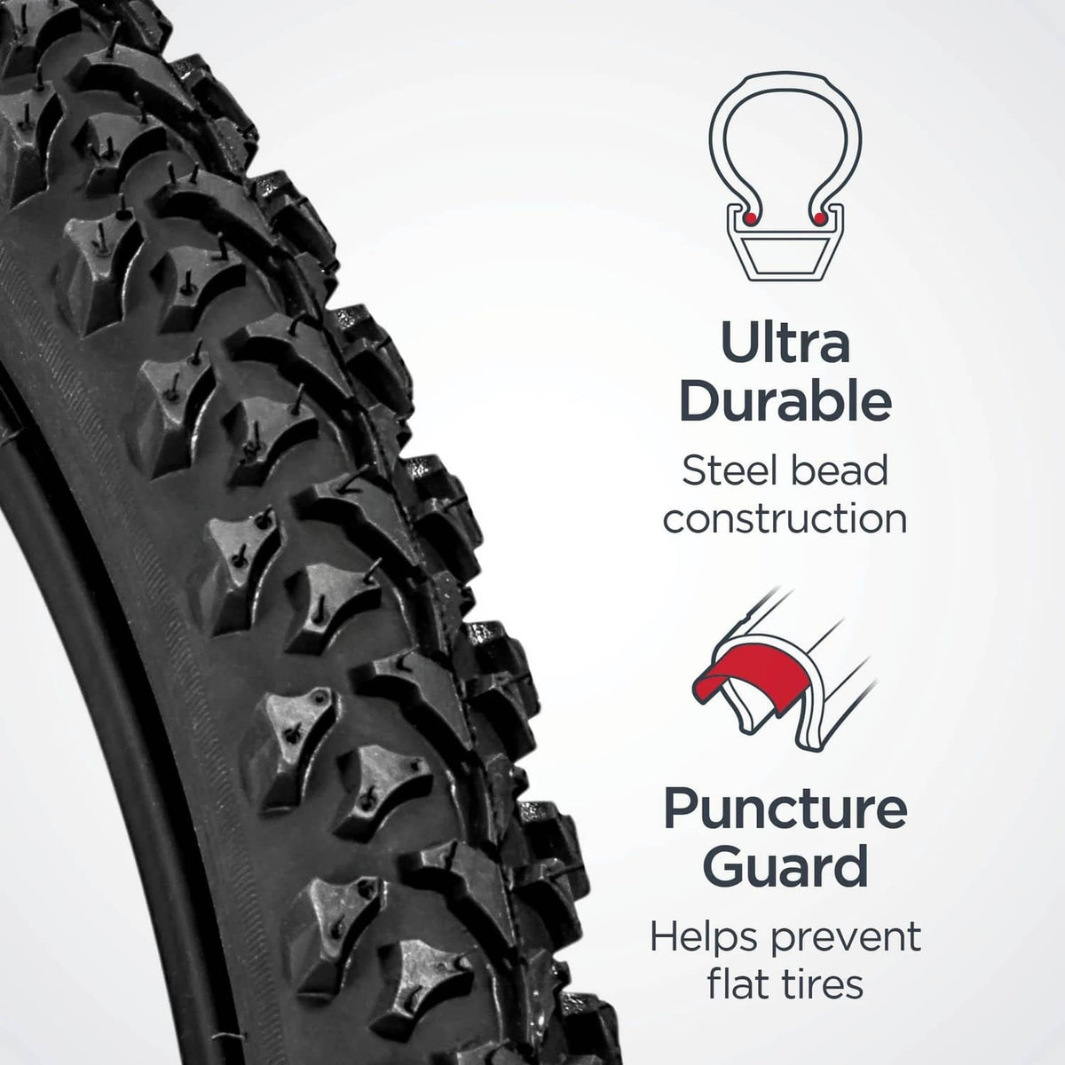 Black mountain bike tire with rugged traction blocks and side lugs