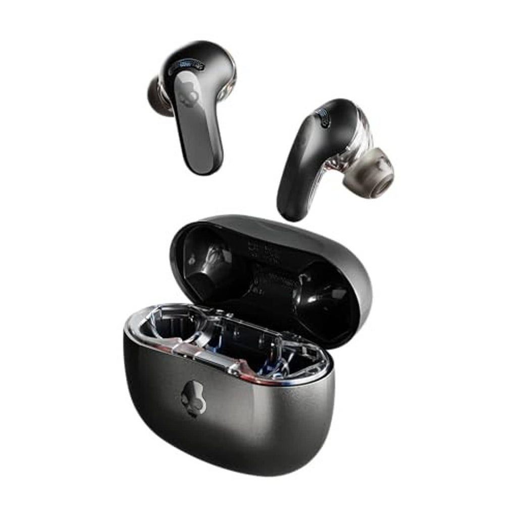 Black charging case with earbuds standing upright beside it