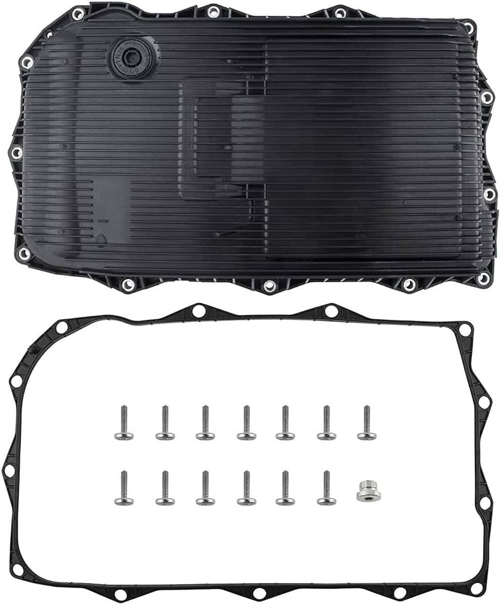 Black transmission oil pan with gasket and bolts, top view
