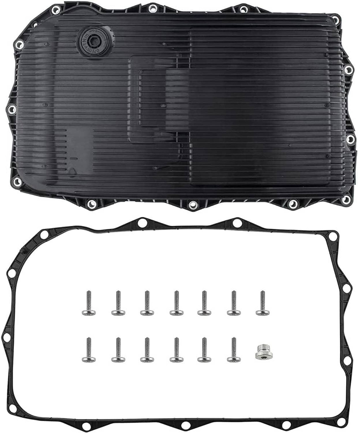 Black transmission oil pan with gasket and bolts, top view