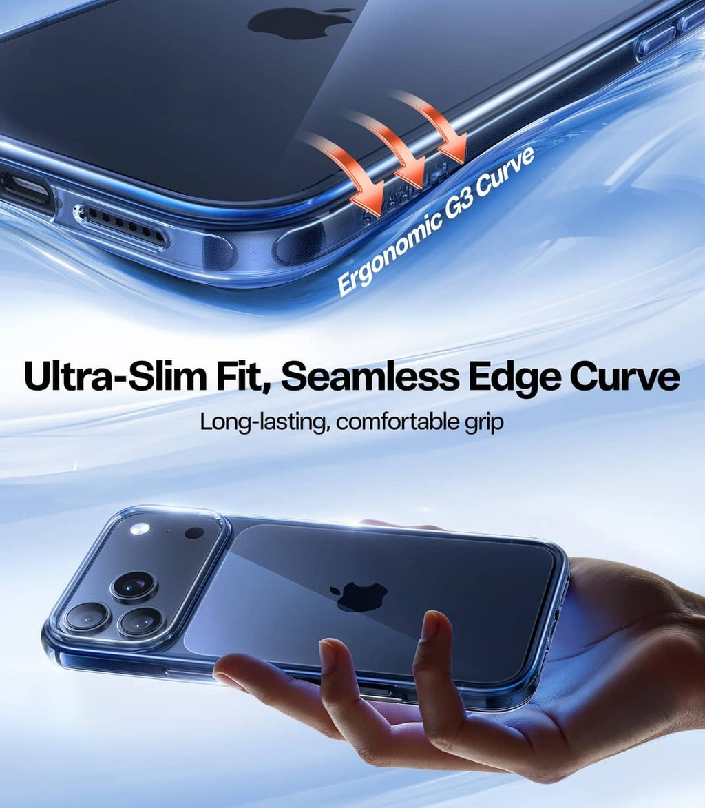 Close-up of blue clear iPhone 17 Pro Max case with curved edge and port openings