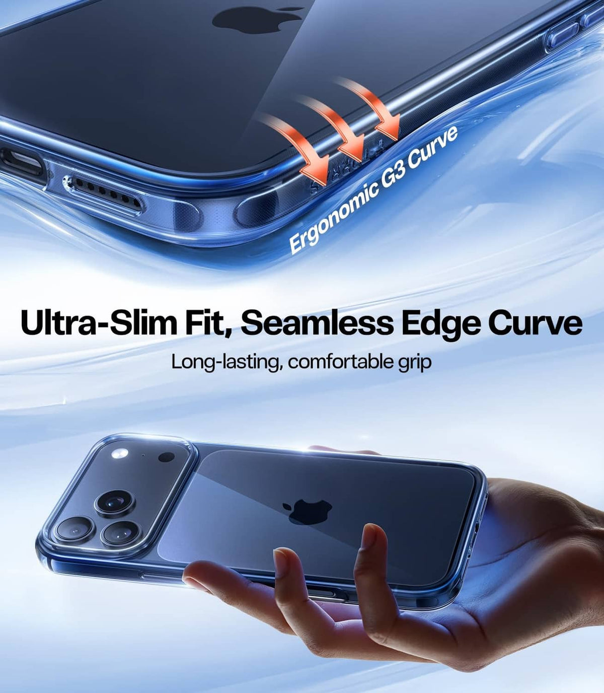 Close-up of blue clear iPhone 17 Pro Max case with curved edge and port openings