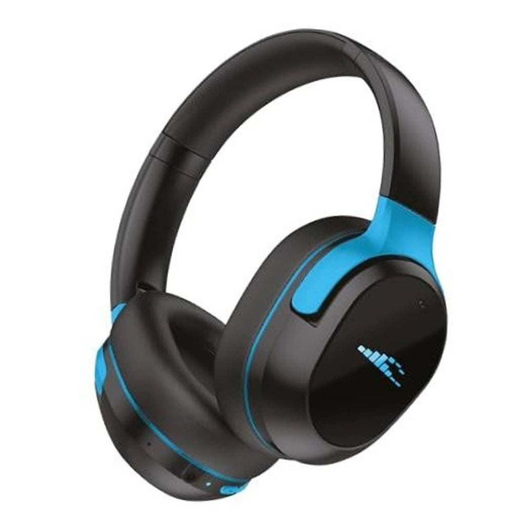 Over-the-ear sport headphones in dark gray/black with blue accents and padded ear cups
