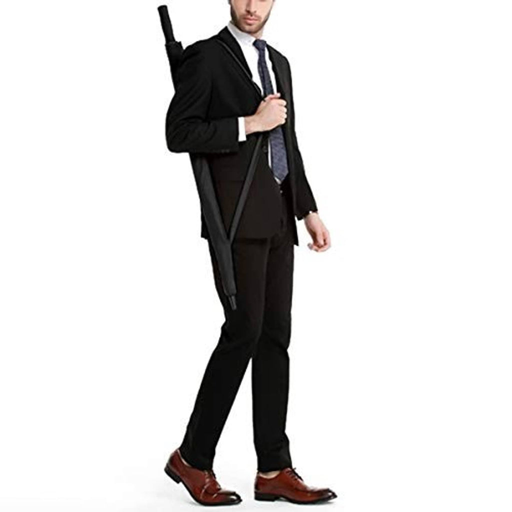 Blue golf umbrella with black frame and handle, shown folded